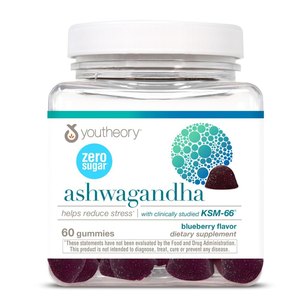Youtheory Ashwagandha - Vegetarische energie & Stress Support Supplement met biologisch KSM-66 & Gemberextract - Lage suiker - Bosbessen, 60 Gummies (30-dagen aanbod)