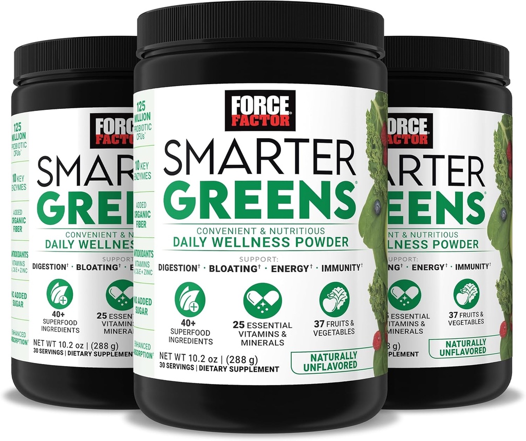 Force Factor Slimmer Groenen Dagelijks Wellness Poeder 3-pack ter ondersteuning van energie, immuniteit & spijsvertering, groen poeder, Superfood poeder met vitaminen, mineralen & probiotica, ongearomatiseerd, 90 porties
