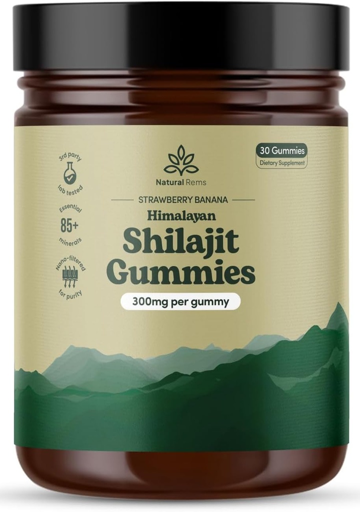Natural Rems Organic Shilajit Gummies for Men and Women - Lab Tested - Made in USA - Pure Himalaya Organic - Fulvic Acid - Energy and Focus - Holistic Health Supplements (Strawberry Banana)
