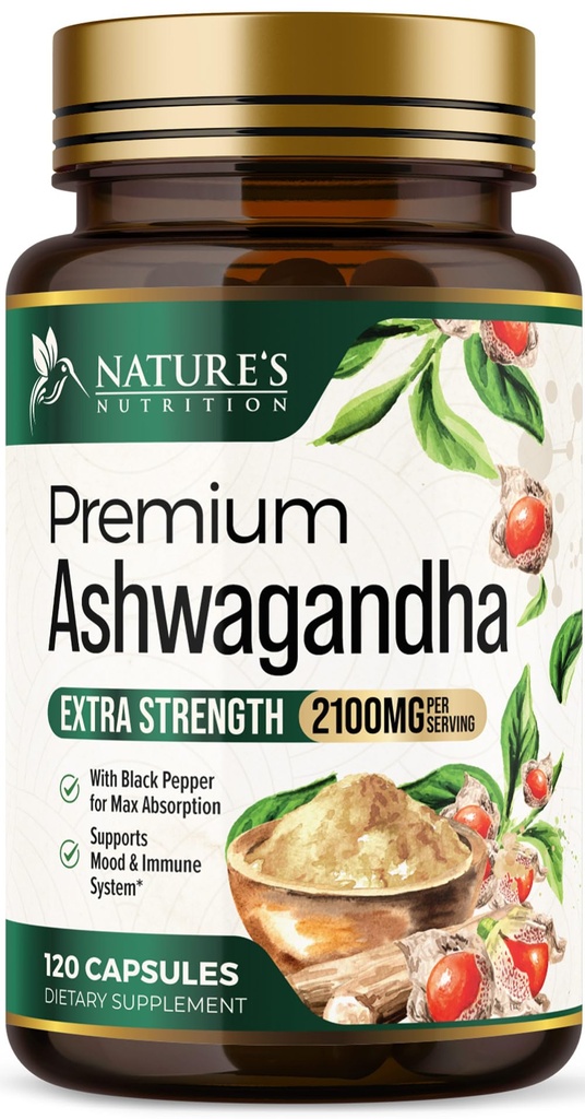 Ashwagandha-supplementen - 2100mg Ashwagandha-capsule voor vrouwen en mannen, natuurlijke antioxidantenondersteuning, Ashwa-wortelextract, extra sterkte Kalme ondersteuning met zwarte peper, veganistisch en glutenvrij - 120 capsules
