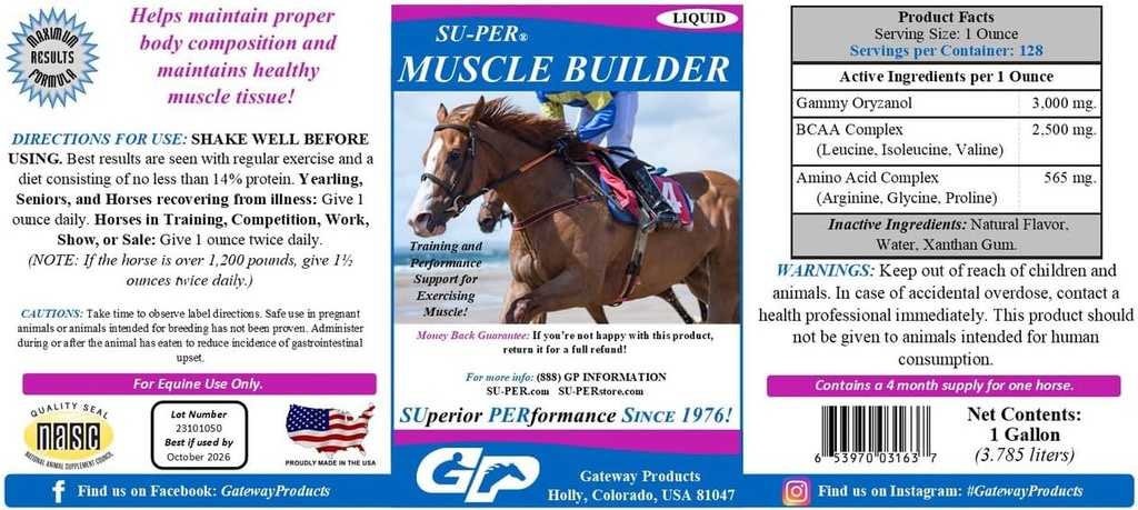 SU-PER Muscle Builder Horse Supplement - Training en prestatie ondersteuning voor het trainen van spier - 1 Gallon, 4 maanden levering