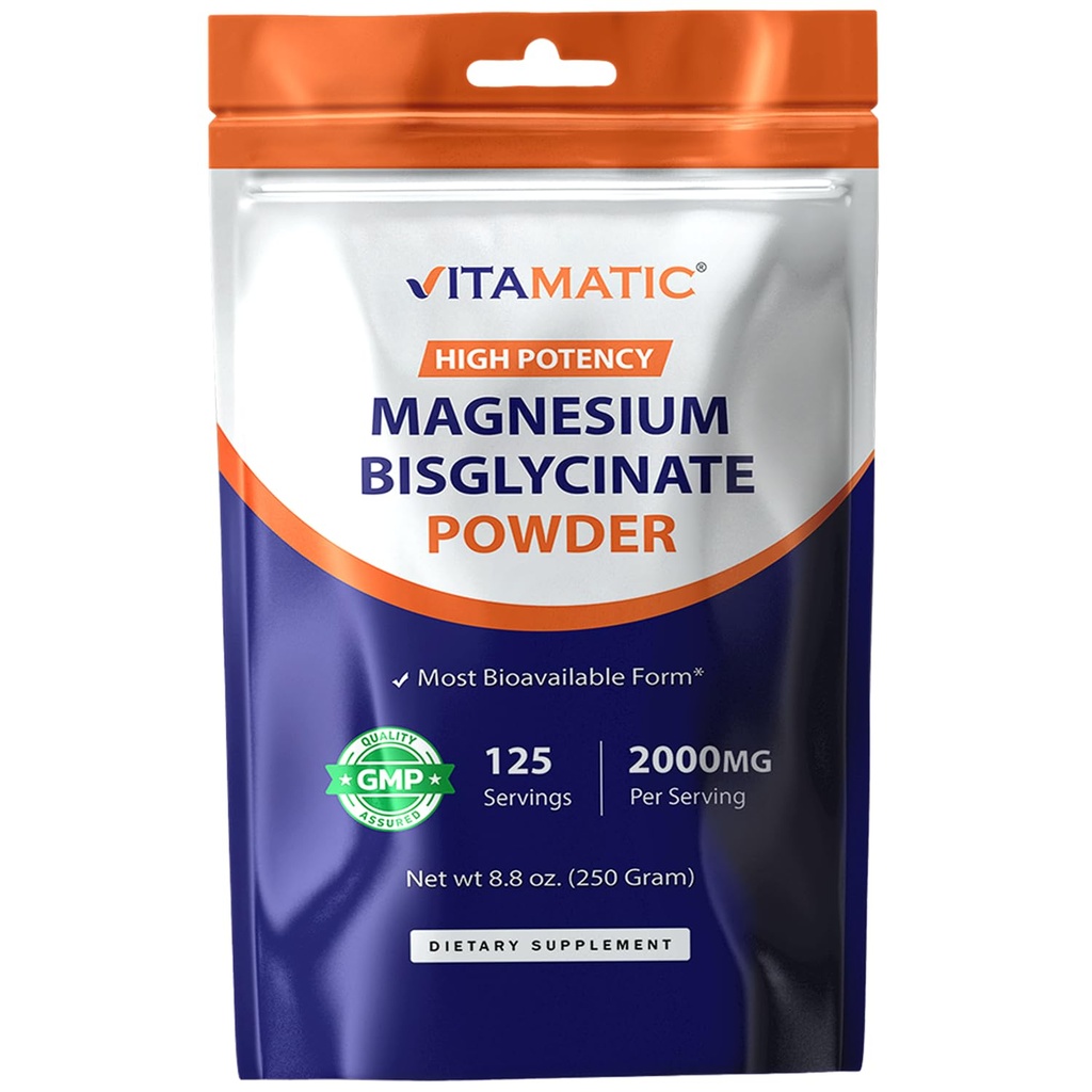 Vitamatic Magnesium (van Bisglycinate & Oxide) - Ondersteunt spier, gewrichts- en hartgezondheid 250 Gram - 125 Servers