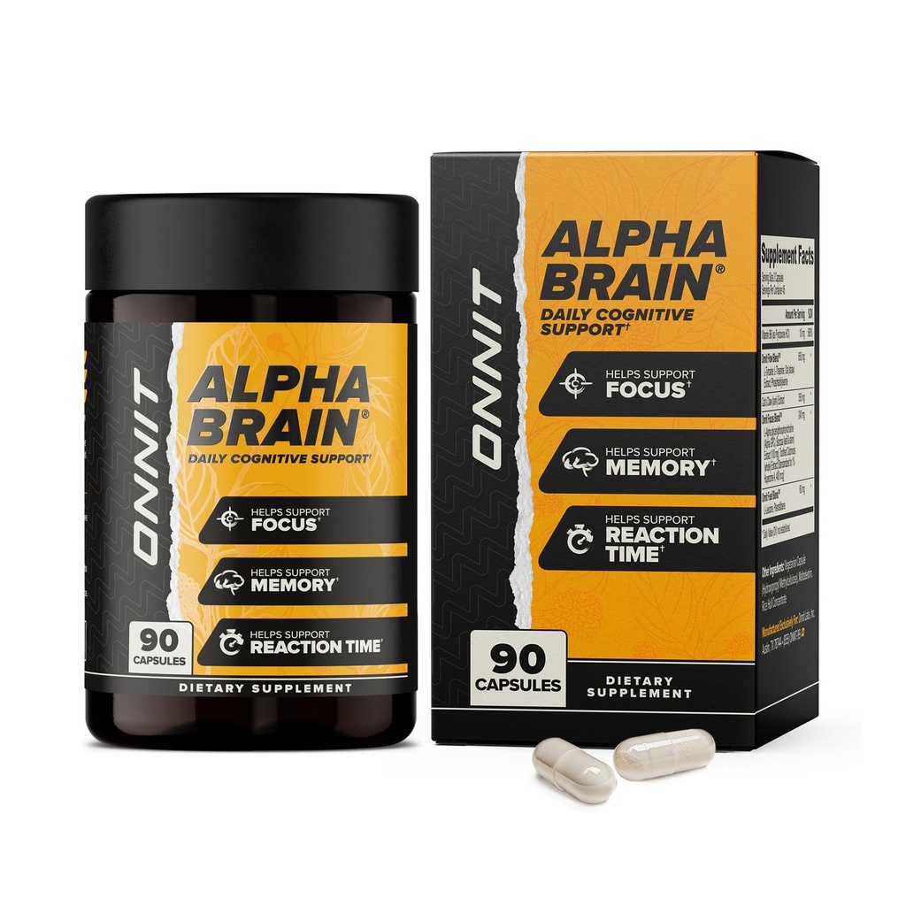ONNIT Alpha Brain Nootropic Brain Supplement voor Focus, Geheugen, Geestelijke Helderheid, Cognitieve Ondersteuning met L-Theanine en Vitamine B6, 90 Tellen