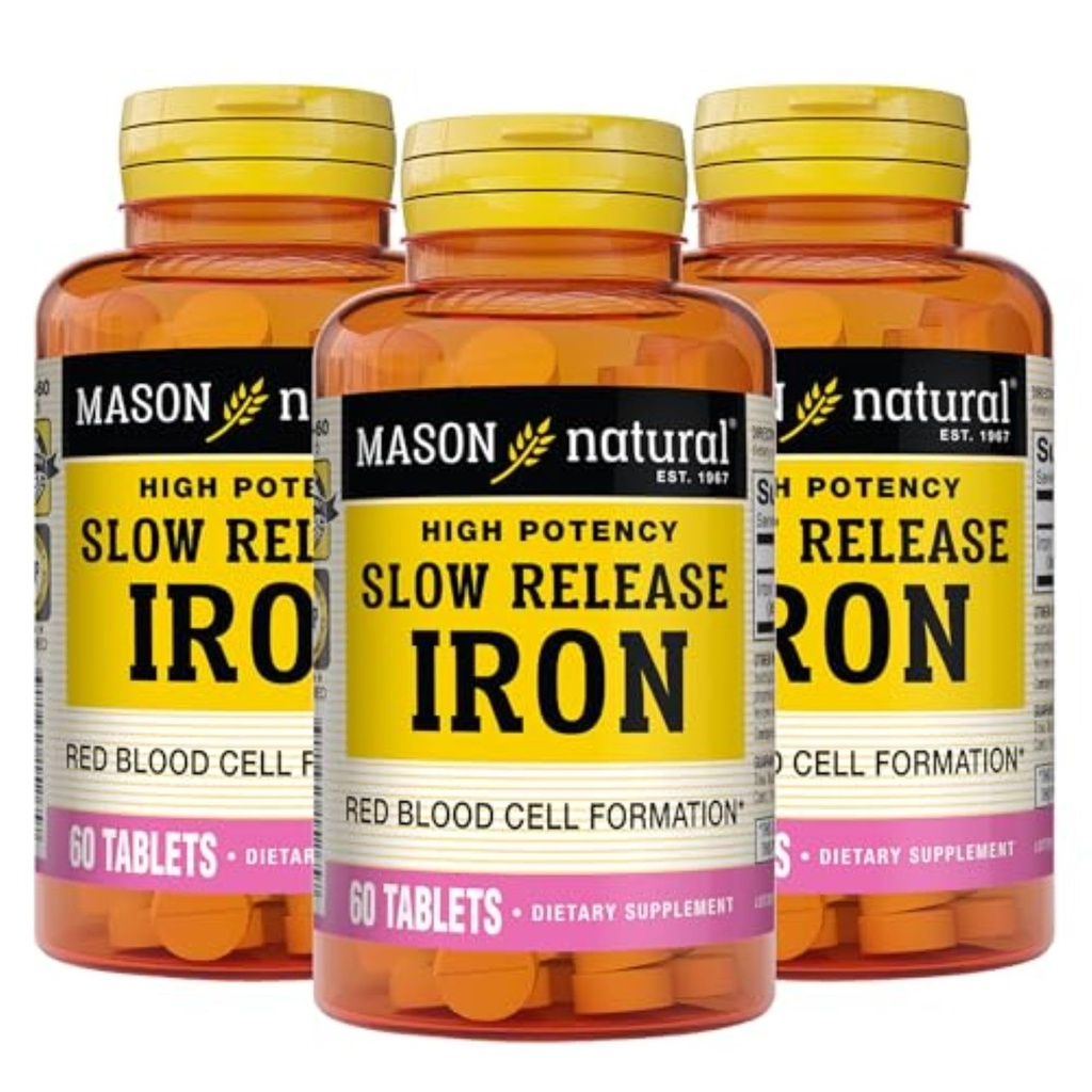 Mason Natural Slow,Release Iron (Ferrou Sulfate) 50 mg Tablets, 180 Day Supply, High Potency Supplement, Zacht op de maag, 3 Pack