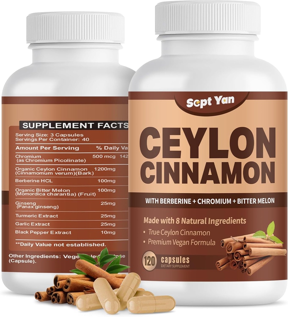 Ceylon Cinnamon Capsules 1200mg Cinnamon Bark Supplementen met Chroom, Berberine HCL & Turmeric, Vegan, 120 Capsules, Energie, Metabolisme, Hart en Immuun Ondersteuning