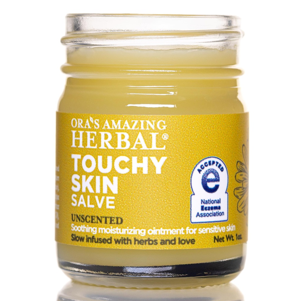 Ora's Amazing Herbal, Touchey Skin Salve, Eczema Cream Treatment, Anti-Itch Cream voor kinderen en volwassenen, Calendula Zalf voor natuurlijke gevoelige, geurenvrije, droge huid balsem 1 oz Reisgrootte