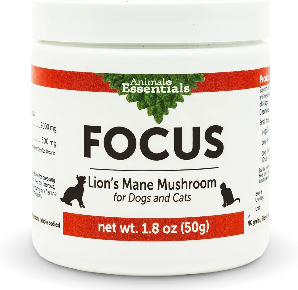 Animal Essentials Focus Lions Mane Mushroom Supplement for Dogs & Cats - Supports Brain Health, Cognitive Function, Healthy Immune Response, Mushroom Powder Extract - 1.8 Oz (Pack of 1)