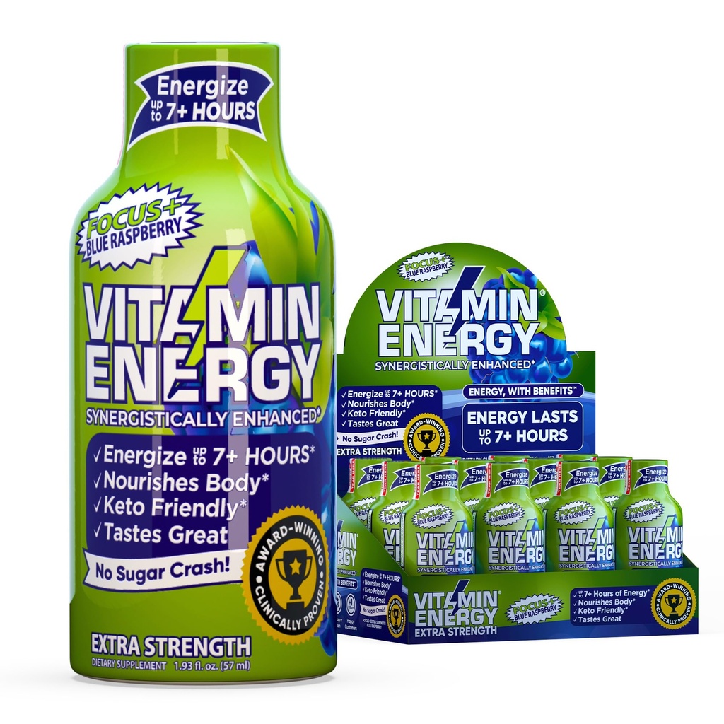 Vitamine Energie Focus+ Extra sterkte Energie Shot Blauw Raspberry 12 Pack, 260mg Natural Cafeïne, B-Vitaminen, CoQ10, Aminozuren, Focus, Productiviteit & Duidelijkheid, Zero Sugar, Gluten-Free, 1,93 fl oz