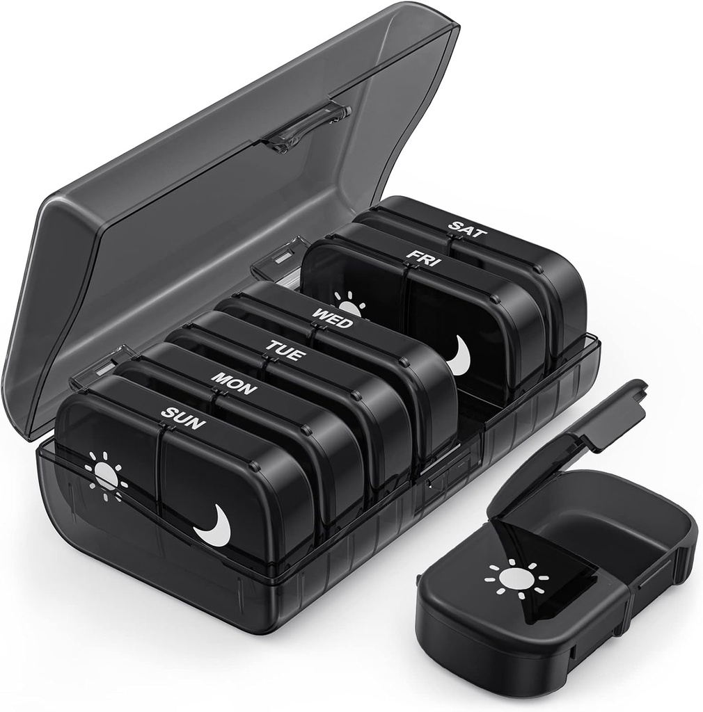 PULIV Extra Large Weekly Pill Organizer 2 keer per dag, One-Side Open Pill Box 7 Dag voor gemakkelijk vullen, Black Privacybescherming AM PM Pill Case voor vitamines, medicijnen, supplementen, visolie zwart