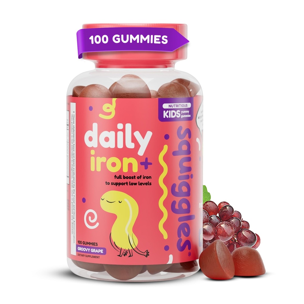 Squiggles Kids Daily Iron+ Gummies - Kauwbare supplement met ijzer, multivitamine voor kinderen, lage suiker, veganist, peuter Gummies, lekker druivensmaak (100 telling)