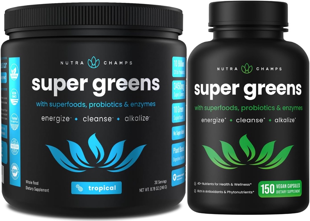 NutraChamps Tropische Super Greens Poeder en Super Greens Capsules