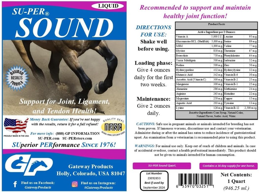 SU-PER Sound Joint Horse Supplement - Ondersteuning voor Joint, ligament, en Tendon Health - Horse Vitamines en mineralen, Glucosamine, MSM, Bromelain, Aminozuren, Lysine - 1 Quart, (2 Pack)