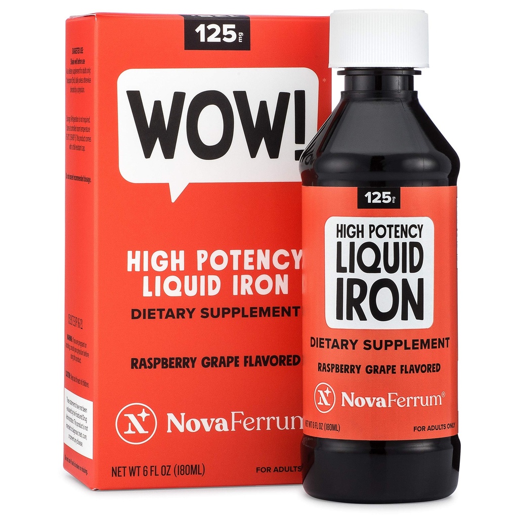 NovaFerrum Wow, 125 High Potency Liquid Iron Supplement voor volwassenen, ijzertekort, 125 mg ijzer per 5ml dosis, veganistisch geverifieerd, glutenvrij gecertificeerd, suikervrij