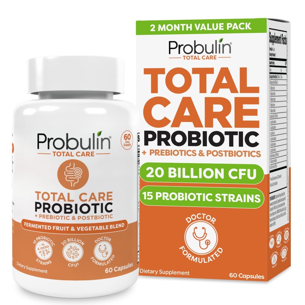Probulin Total Care Probiotic Supplement, Daily Gut, Digestief, en Immune Health Probiotica Capsules voor mannen en vrouwen, 20 miljard CFU, Vegan, 60 Telfles