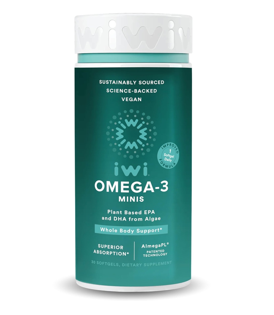 Iwi Omega-3 Mini Softgels (30 porties), Gemakkelijk te slikken, Plant-based Algen Omega 3 met EPA + DHA, Whole-Body Support Dieetsupplement, Krill & Fish Oil alternatief, Geen Fishy Aftersmaak