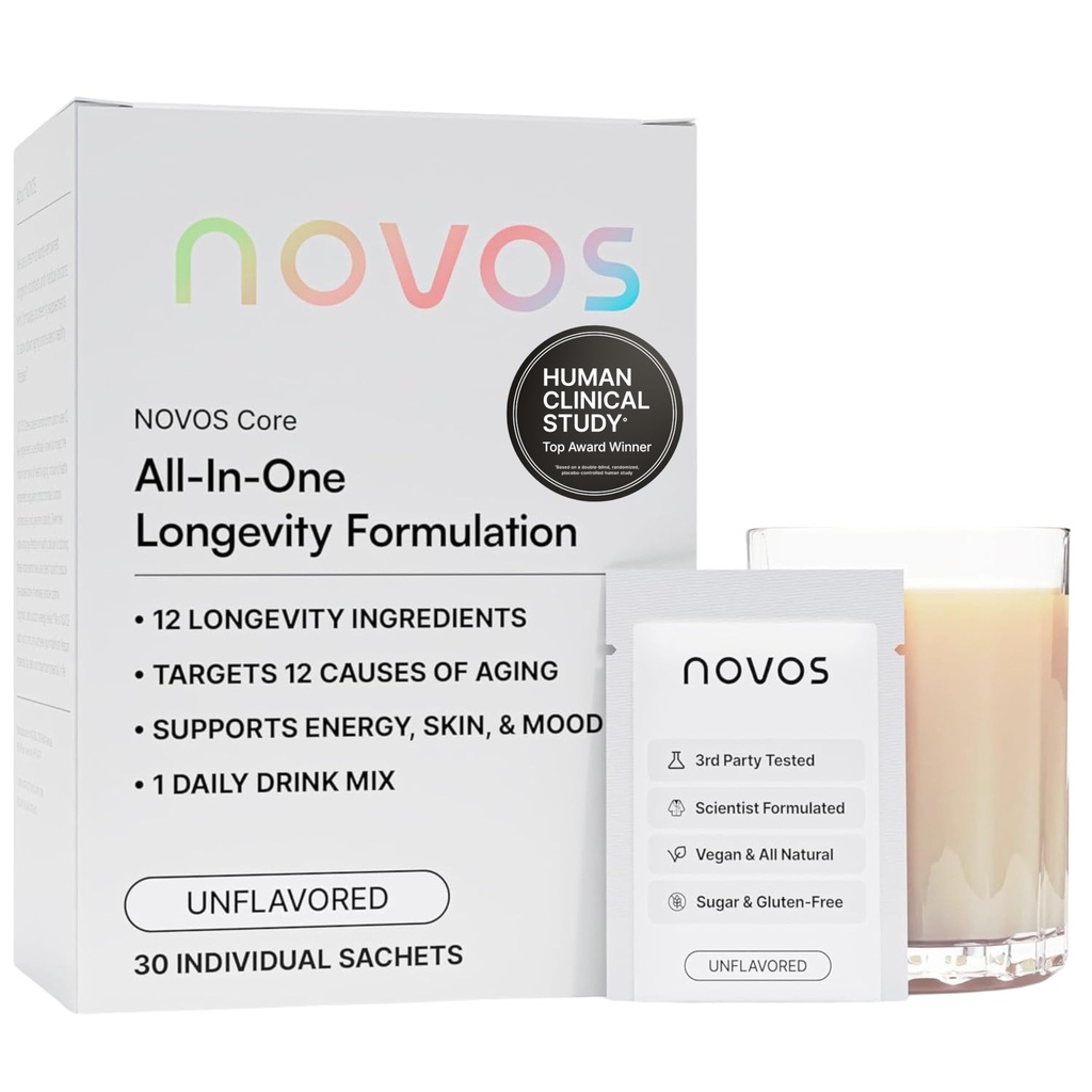 Novos Core Clinical Longevity Mix | Anti-Aging Supplement Drink Mix for Men & Women | Magnesium, L-Theanine, Fisetin and More | Supports Energy, Mood, Sleep & Cognition | Unflavored (30 Servings)