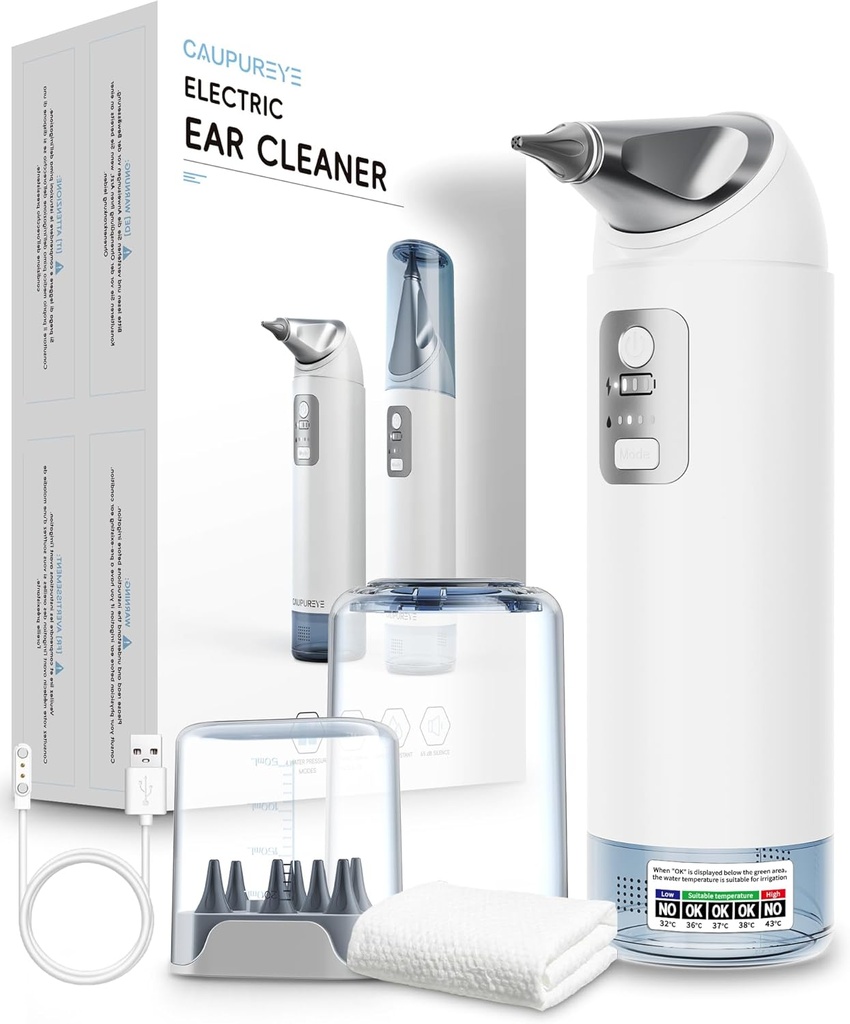 Oorwas verwijderen Kit, 360°Elektrische oorreiniger, Oorreiniging Kit met 4 waterdrukmodi, Oorwas verwijderen Kit voor veilige oor besproeiing Flushing System w/8 Besproeiing Tips, Low Noise, IP65 waterdicht