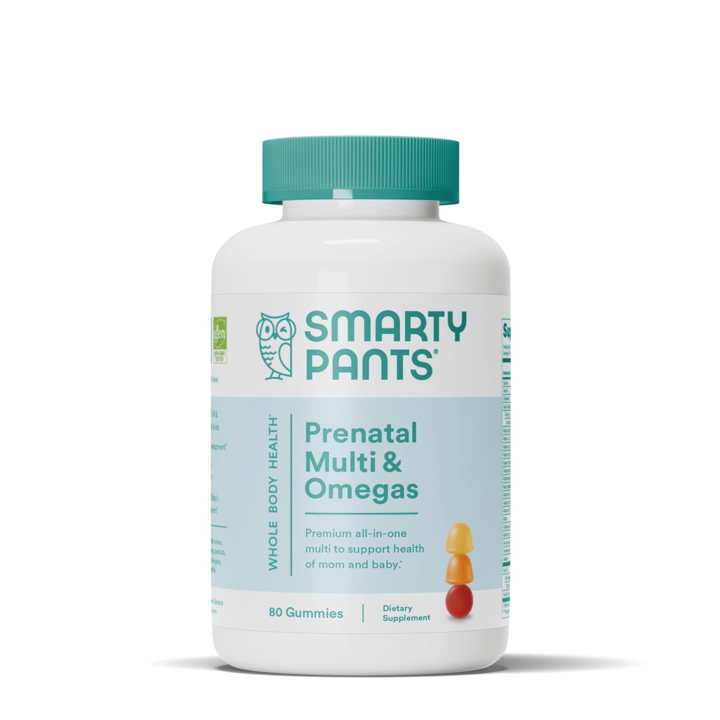 SmartyBants Prenatale vitamines voor vrouwen, Multivitamine Gummies: Omega 3 Visolie (EPA/DHA), Biotine, Methylfolaat, Vitamine D3, C, Vitamine B12, B6, A, K & Zink, Inositol, 80 Tellen (20 Dagen Levering)