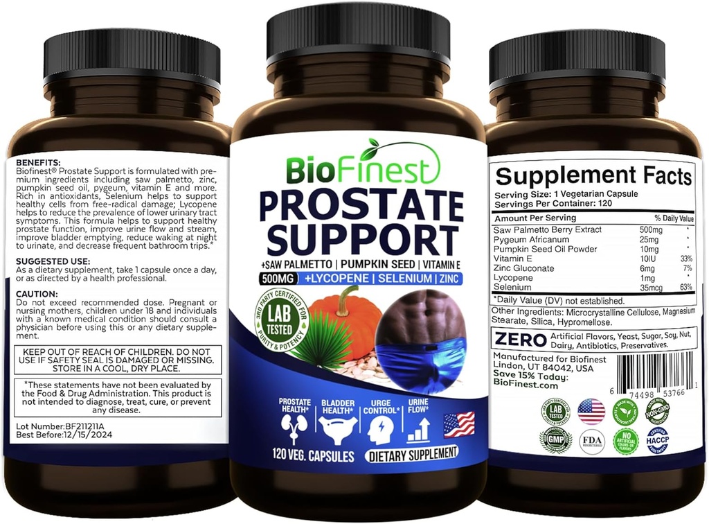 BioFinest Prostate Ondersteuning voor mannen - Saw Palmetto Lycopeen Pompoenzaad Pygeum Zink Selenium - Gezonde Urine Flow Bladder Prostaat Vitamine Supplement - Made in USA (120 Veg. Capsule)