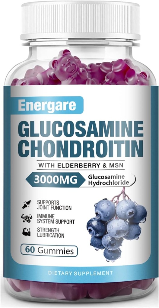 1 Pack 3000mg Glucosamine Chondroitin met MSM Gummies & Vlierbes, Extra sterkte gezamenlijke ondersteuning Gezondheid, Flexibiliteit, Antioxidant, Immuunsupplement Gummy voor volwassenen, mannen & vrouwen 60 Tellingen
