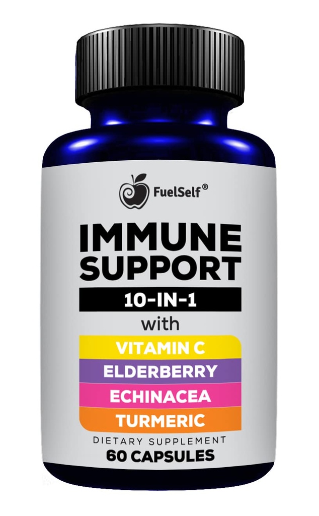 Immuun Support Booster Supplement met Vlierbes, Vitamine C, Echinacea, Kurkuma Curcuminoïden, Vitamine E, Vitamine B6, Zink, L-Glutamine HCL, Knoflook, Lactobacillus Acidophilus :: 60 Tellen, 1 Verpakking