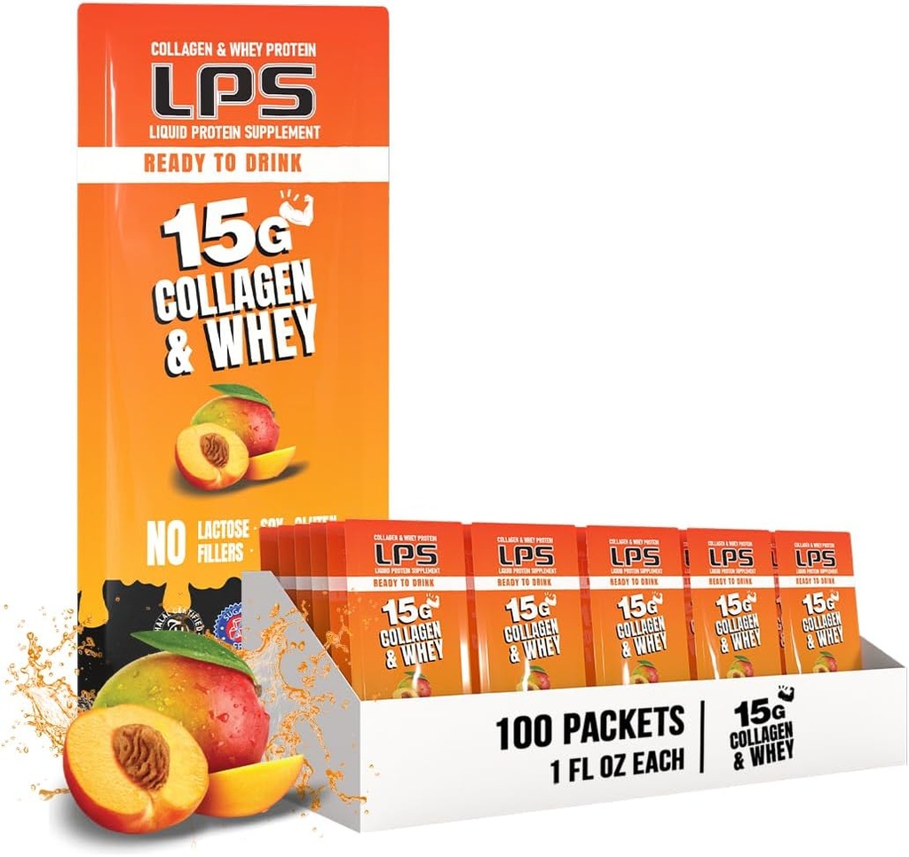 Nutritional Designs LPS Liquid Collagen & Whey Protein Supplement - Non-GMO Drink, Sugar-Free - Promotes Healthy Skin & Hair for Men & Women, Peach Mango, Single Serve (100 Packets)
