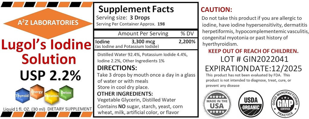 Generieke A2Z Biologische Lugol's Jodium en Kaliumiodide 2.0% oplossing, 1 Fl Oz - Liquid Supplement Drops voor Thyroid Support, Detox, Metabolisme, Made in USA