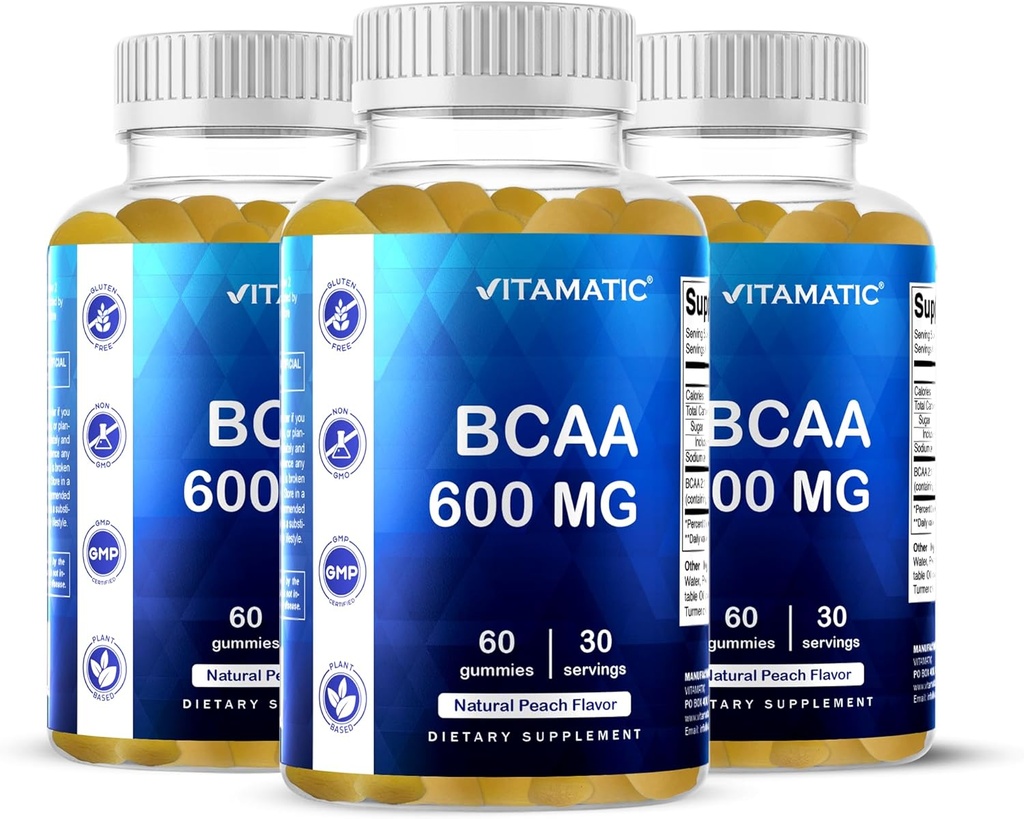 Vitamatic BCAA Gummies - Branch Chain Amino Acid Supplementen - Perzik smaak - 600 mg per portie - 60 Vegan Pectin Based Gummies (3 flessen)