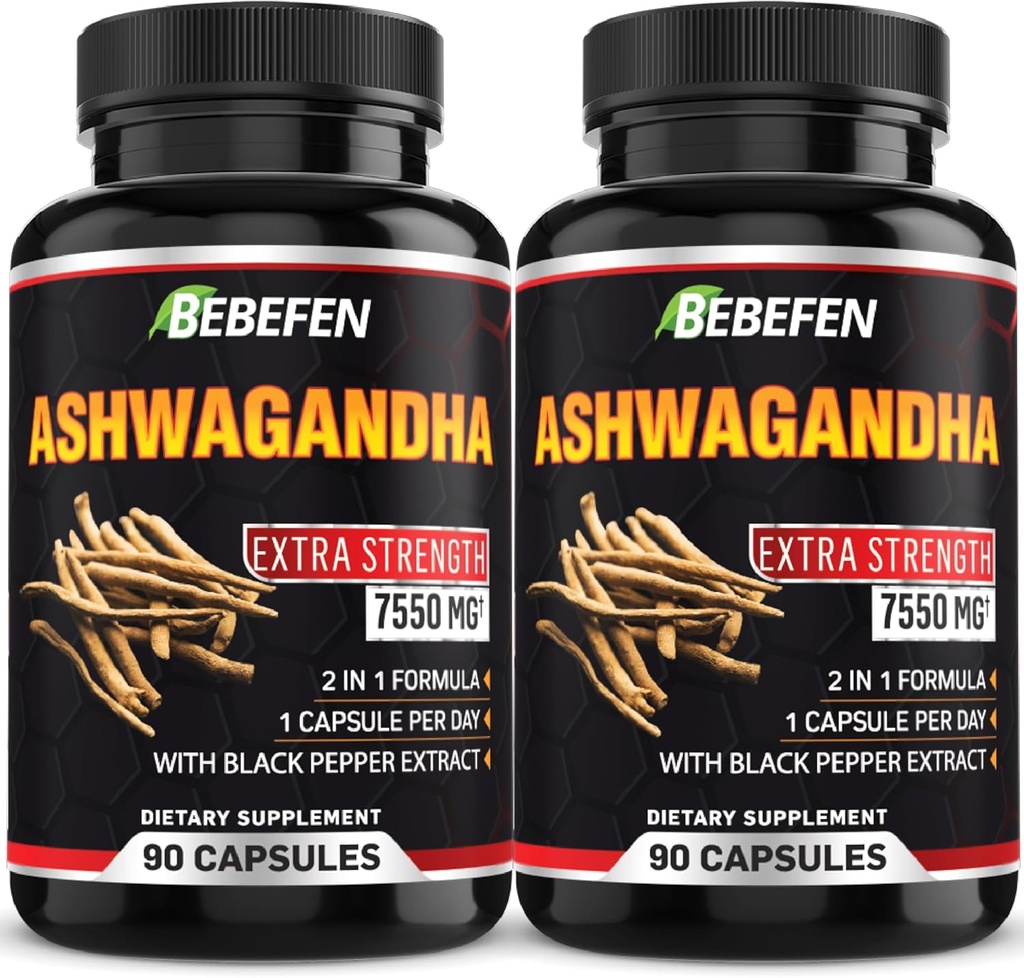 BEBEFEN Ashwagandha Capsules - 7550mg Formula Pillen met Black Pepper Extract - 90 Capsules Ashwagandha Supplement voor energie ondersteuning - 3 maand levering (pakket van 2)