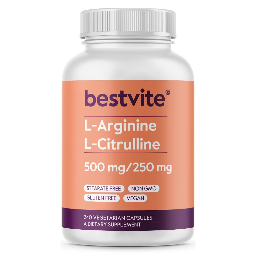 BESTVITE L-Arginine L-Citrulline 500mg / 250mg Veganistisch (240 Vegetarische Capsules) - Nee Stearates - No Dicalcium Fosfaat - Non GMO - Glutenvrij
