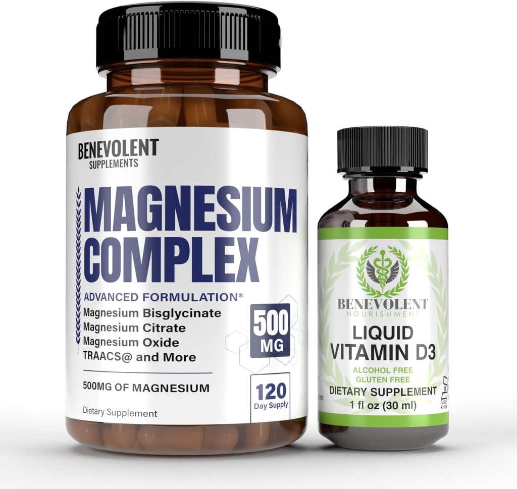 Magnesiumcomplex met 5 beste vormen & vloeibare vitamine D3 5000 IE bundel - 4 maanden levering van 500 mg magnesium Glycinate, oxide, taurate, chelate, magnesium citraat - slaap & Immuun ondersteuning