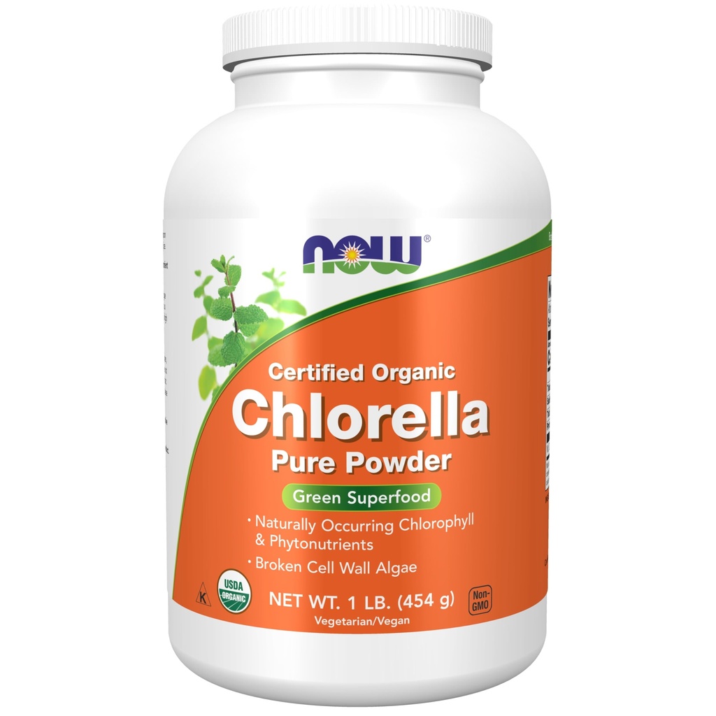 NOW Voedingsmiddelensupplementen, Organische Chlorella Poeder met natuurlijk voorkomende chlorofyl, bèta-caroteen, gemengde carotenoïden, vitamine C, ijzer en eiwit, 1-pond