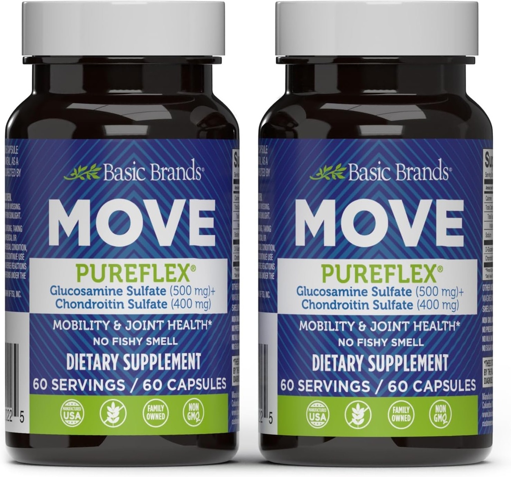 Basic Brands - Move Pureflex Glucosamine Chondroitin - Joint Support Supplement for Flexibility & Mobility - 60 Capsules - 2-Pack | Joint Support Supplement, Flexibility & Mobility
