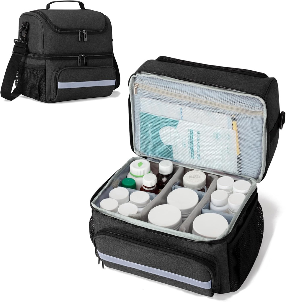 CURMIO Medicine Opslagzak, Dubbele Lagen Pillen Flessen Organisator met Innerlijke Dividers voor Medicatie, Vitaminen, Prescription Flessen, Medical Supplies, Zwart (Patent Design)