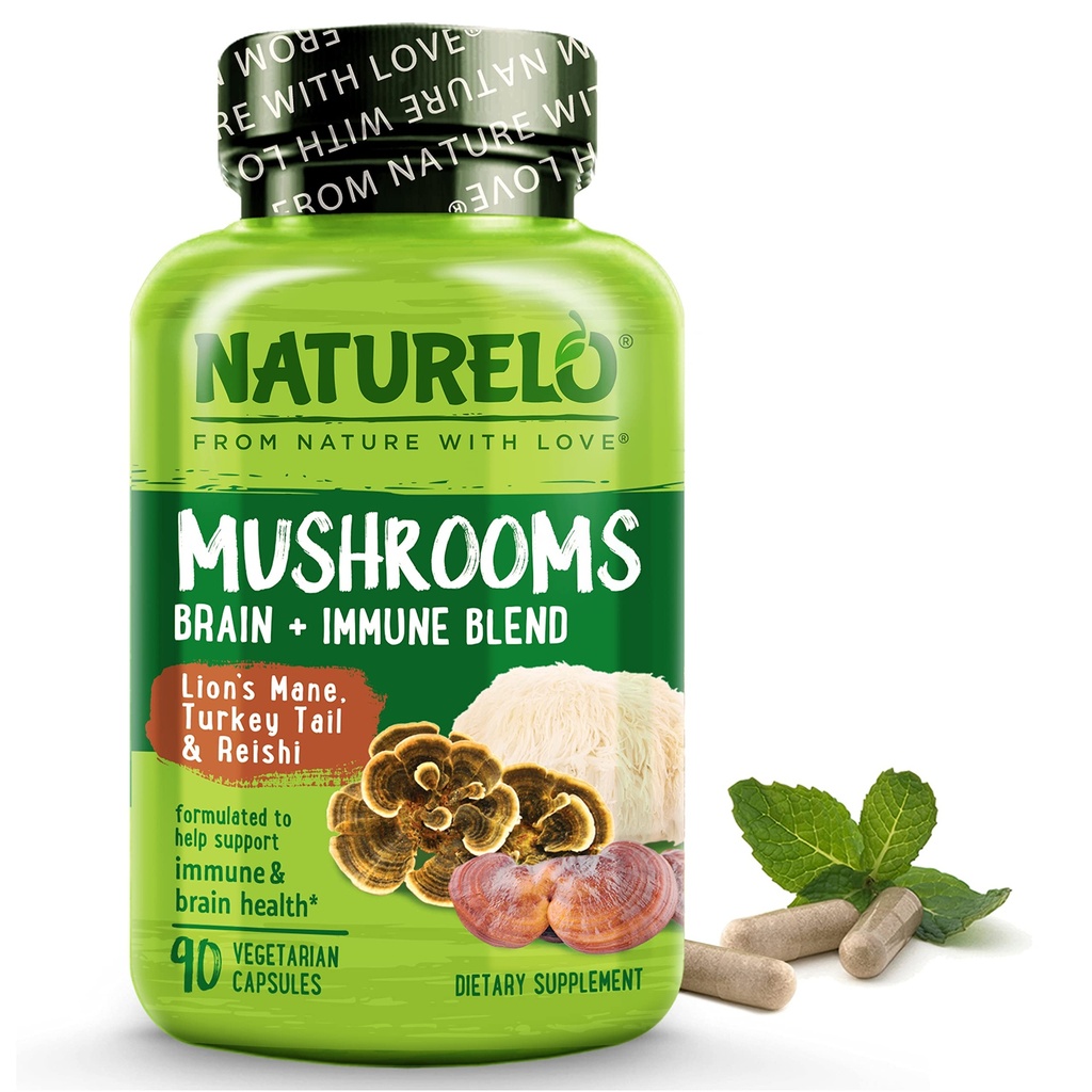 NATURELO Paddestoel Supplement Hersenen & Immune Health Blend met Lion s Mane, Reishi, Turkije staart 90 Vegan vriendelijk Capsules