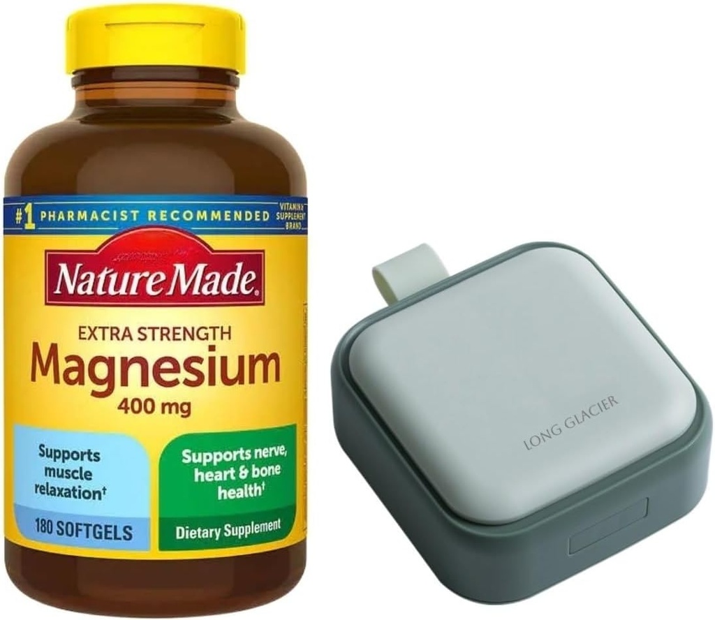 Nature Mades Magnesium 400 mg Extra Strength 180 Softgels, 180 Supply Days | Supports Muscle Relaxation, Nerve, Bone and Heart Health | Bunde with LONG GLACIER Pill Oragnizer, Green