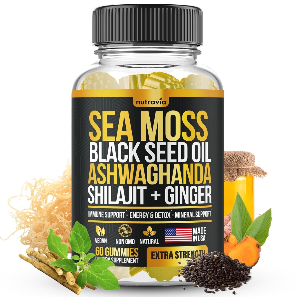 Sea Moss, Black Seed Oil, Ashwagandha, Ginger, Shilajit Gummies met Vlierbes, Chlorofyl, Turmeric Bladderwrack Sea Moss Gummies Advanced Strength Formula - All in 1 Bundle - USA Made (60 Gummies)