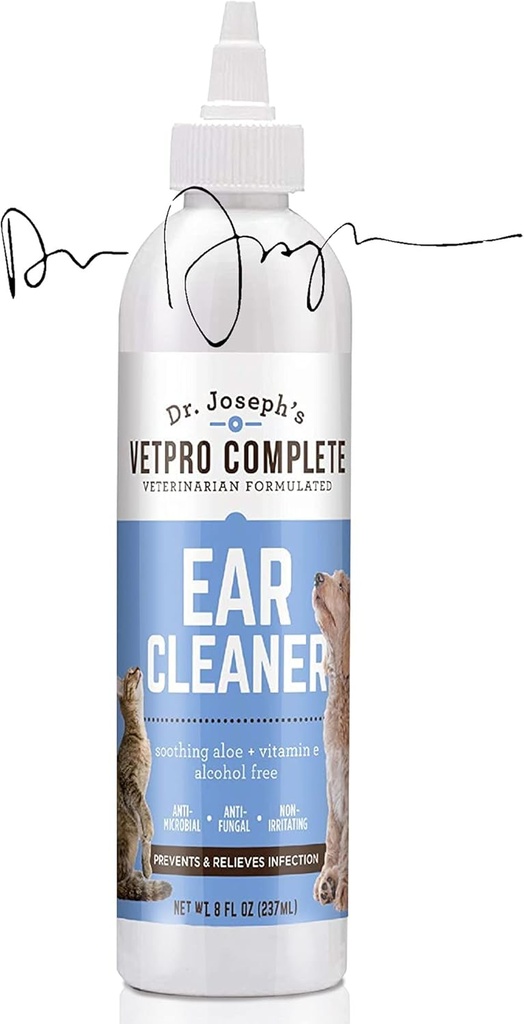 VetPro Complete Dr. Joseph's Dog Ear Cleaner, 8 Ounces, Gentle Dog and Cat Ear Rinse Solution Wash with Aloe Vera and Vitamin E, Dog Ear Drops to Remove Wax and Debris, Reduces Odor, Easy Applicator