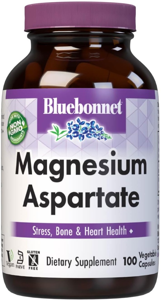 Bluebonnet Nutrition Magnesium aspartaat, Stress Relief*, Bone Health*, Heart Health*, Non-GMO, Vegan, Kosher Gecertificeerd, Glutenvrij, Soy-Free, Dairy-Free, 100 plantaardige capsules, 50 porties