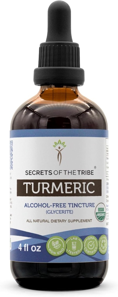 Kurkuma USDA Biologische Tinctuur Alcoholvrije Extract, Kurkuma (Curcuma Longa) Gedroogde Wortel Tinctuur Supplement (4 FL OZ)