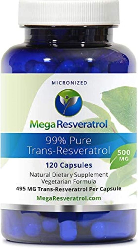 Mega Resveratrol, Pharmaceutical Grade,99% Pure, Isolaat, Micronized Trans-Resveratrol, 120 Veggie Caps, 500mg per capsule. Zuiverheid gecertificeerd. Absoluut GEEN Toxic 