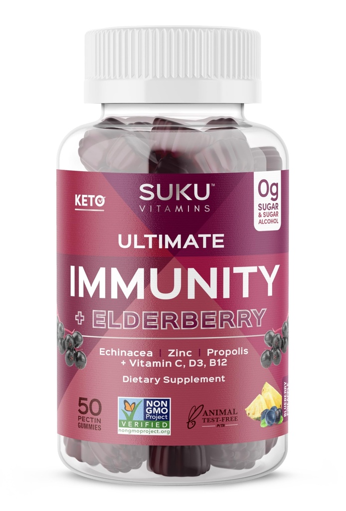 SUKU Vitaminen - Ultimate Immunity - Vlierbes Echinacea en Propolis Gummy's voor Immune Support, Makkelijk te kauwen - Niet GGO, Gluten Suikervrij - Granaatappel Lime Gearomatiseerde Gummy Vitaminen, 50 Tel.