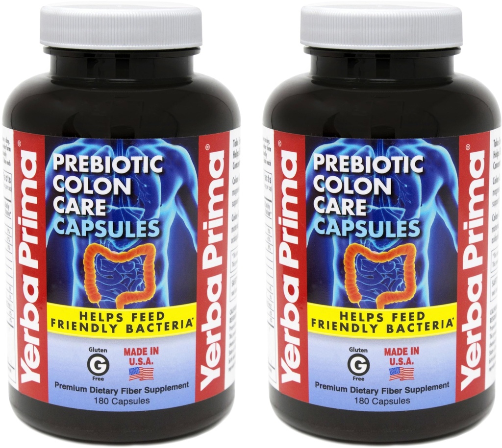 Yerba Prima Prebiotic Colon Care Capsules Dieetvezels, 180 Telling, (pakket van 2) - Vijf vormen van vezels Plus FOS Prebiotica Supplement - Oplosbaar & Onoplosbaar voor Regularity & Digestieve Ondersteuning