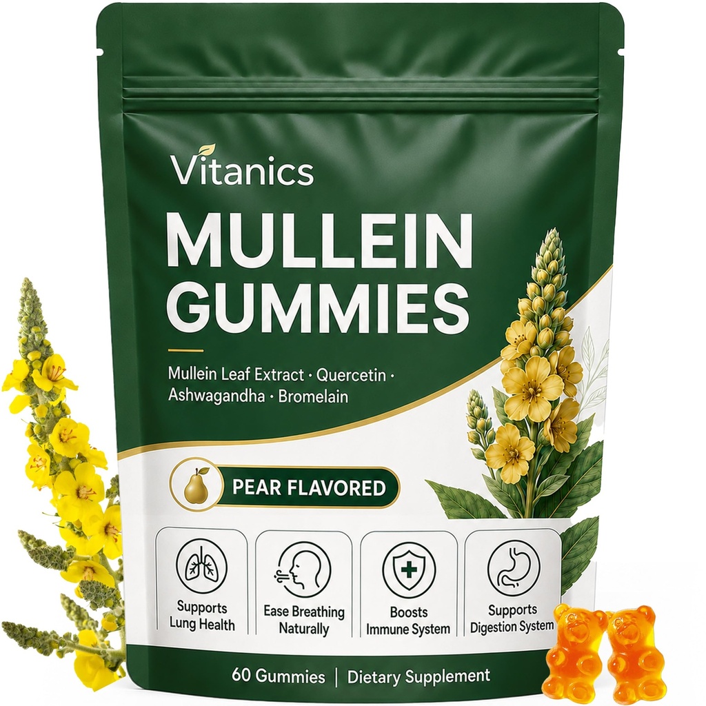 Mullein Gummies, Daily Respiratory Health Gummies,1000mg Mullein Bladkruid Extract, Pear Flavor, Lung Health & Sinus Relief (30 Day Supply)