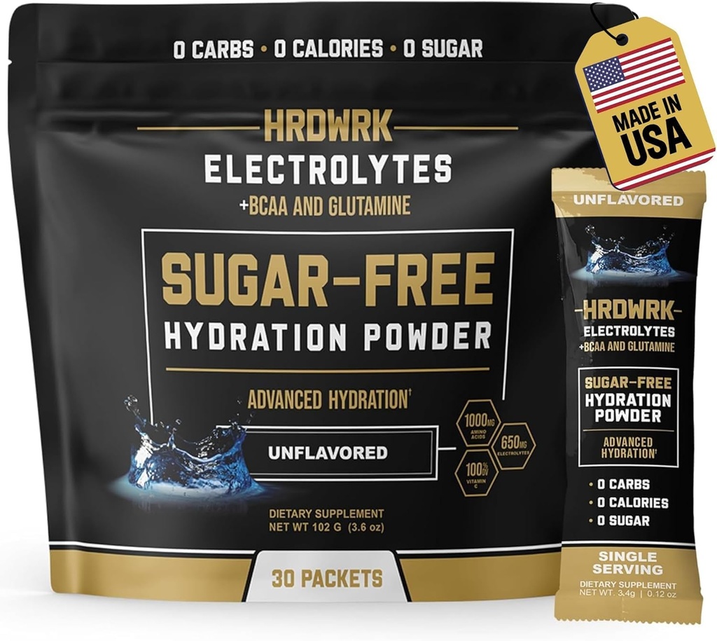 HRDWRK Elektrolyten Poederverpakkingen met Magnesium, Kalium Natrium, Keto Hydration Packets - BCAA Electrolyte Powder Packets met Glutamine, 30 Elektrolyten Poeder Paketten Suikervrij (Unflavored)