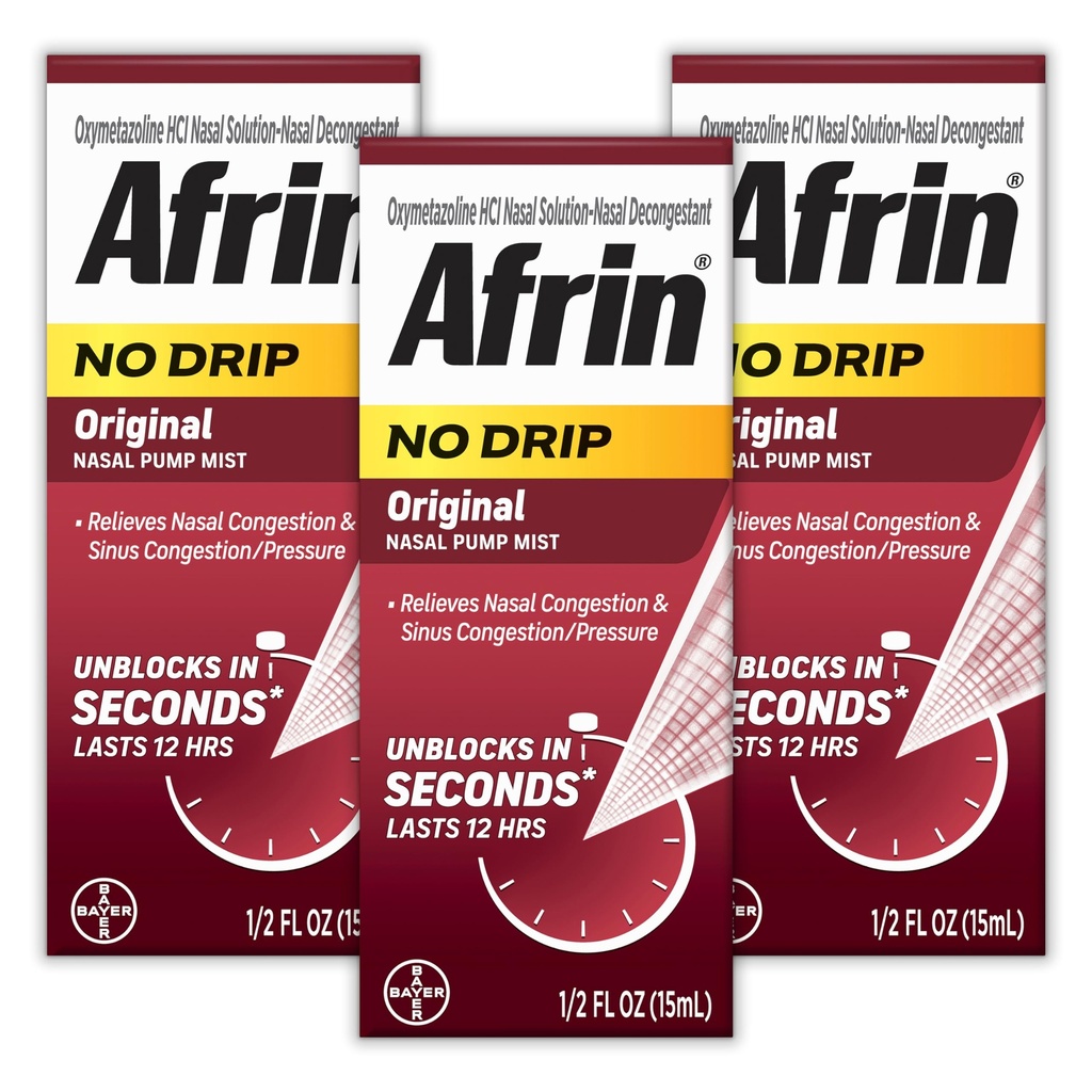 Afrin No Drip Original Nasal Mist Triple Pack, Non-Drowsy, Fast-Acting Decongestant for Nasal Congestion and Sinus Pressure Relief, Adults and Children 6 and Older, .5 fl oz (Pack of 3)
