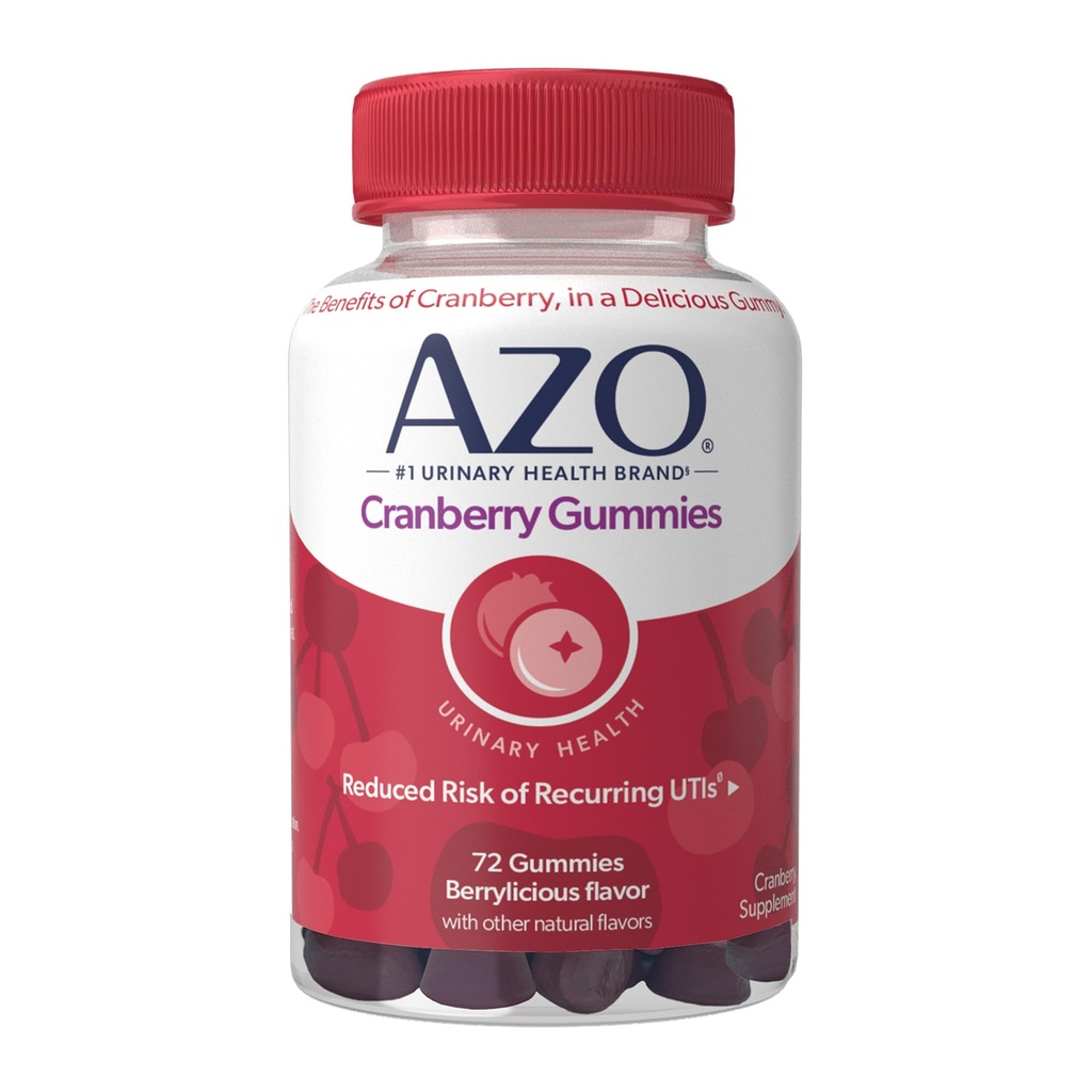 AZO Cranberry Urinary Tract Health Gummies Dietary Supplement, 2 Gummies = 1 Glass of Cranberry Juice, Helps Cleanse & Protect, Natural Berrylicious Flavor, Non-GMO, 72 Gummies