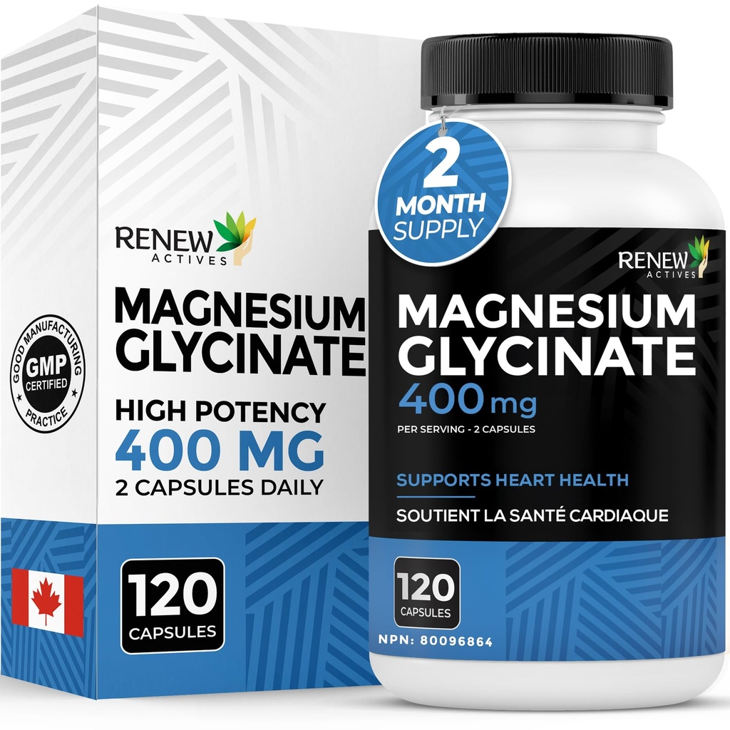 RENEW ACTIVES Magnesium Glycinate 400MG per 2 capsules Pure Magnesium Bisglycinaat voor volledige lichaam ontspannen, slapen, spieren, botten en energie - Elektrolyt Balance - Made in Canada -120 Capsules