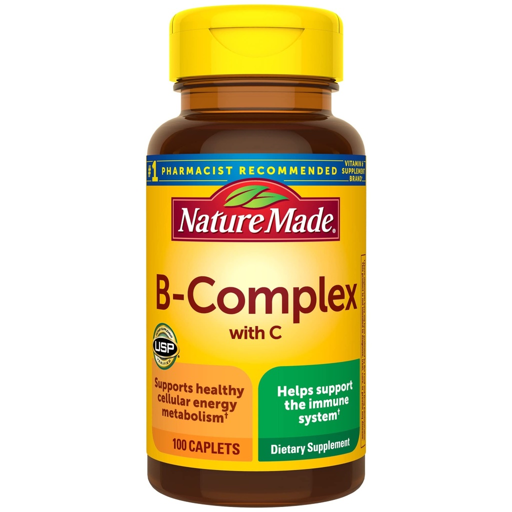 Nature Made B Complex met vitamine C, Dieetsupplement voor Immune System Support, 100 Caplets, 100 Day Supply