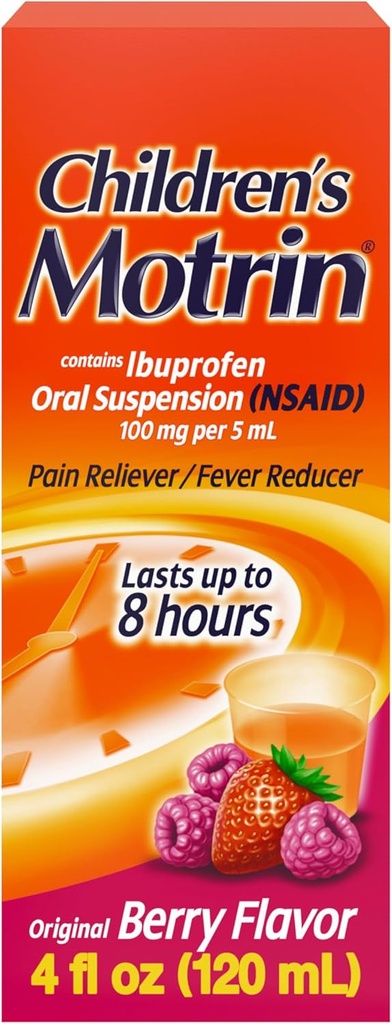 Kinderen Motrin Oral Suspension Medicine, 100 mg Ibuprofen, Kids Fever Reducer & Pain Reliever for Minor Aches & Pains Vanwege koude en griep, alcoholvrije, Berry Flavored, 4 fl. oz